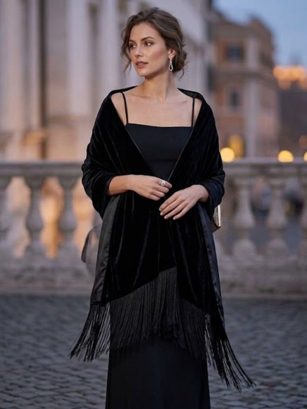 A. Brod Reversible Velvet Satin Fringe Wrap Shawl Scarf Black 20x80